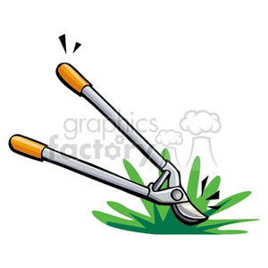 Clipart image of garden shears cutting grass, featuring silver blades and orange handles.