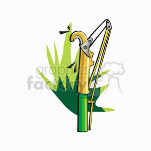 Clipart image of a tree trimmer with a cutting blade, handle, and a background of leaves.