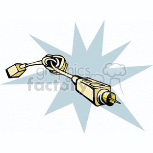 Clipart illustration of a coaxial cable with connectors depicted in a dynamic, starburst background.