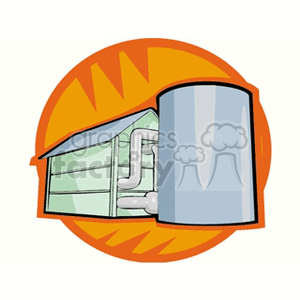 Clipart image of a heating and ventilation system with a storage tank and ductwork in a building.