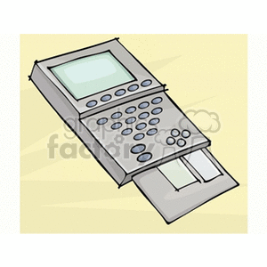 Clipart of a retro portable computer with a keypad, screen, and sliding compartment.