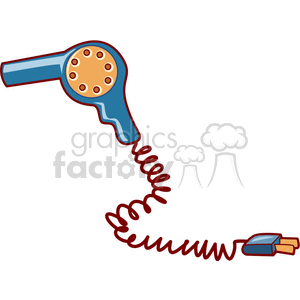 Clipart image of a blue hair dryer with a coiled red cord and an orange nozzle.