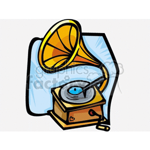 This clipart image features a vintage gramophone with a large horn and a vinyl record on the turntable.