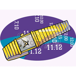 Clipart image of a yellow wristwatch with a golden strap and a simple clock face, set against a purple and blue background featuring various times.