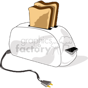   The clipart image features a two-slice toaster with slices of toast inside. The toaster is shown with a shiny metallic appearance, and there is a visible power cord with a plug at the end. There are shades indicating the toaster