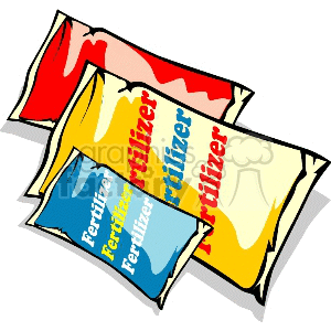 Clipart image of three bags of fertilizer. The bags are differently colored with yellow, red, and blue variations, and all are labeled 'Fertilizer.'