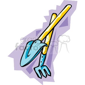 Colorful clipart of a gardening trowel and fork crossed together with an abstract purple background.