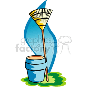 A clipart image featuring a garden rake and a blue flower pot. The background includes a blue shape and a patch of green grass.