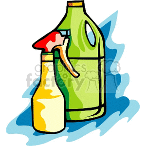 A clipart image featuring two cleaning supply bottles. One bottle is a large, green container with a handle, and the other is a spray bottle with a yellow body and a red nozzle.