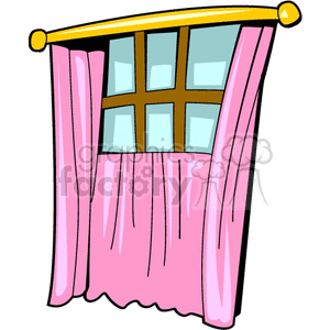 A colorful clipart image featuring a window with pink curtains and a yellow curtain rod.