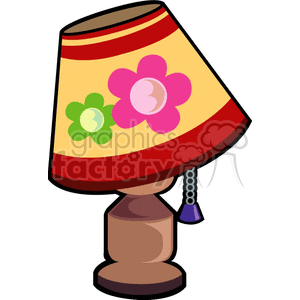A clipart image of a table lamp with a floral-patterned lampshade and a pull chain.