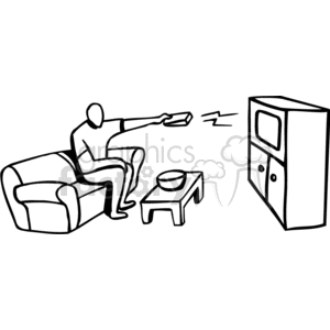 A simple black and white clipart image of a person sitting on a sofa and using a remote control to turn on a TV. The person is reaching out towards the TV, which is placed on a stand with shelves. A coffee table with a bowl is positioned in front of the sofa.