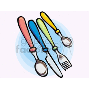 Colorful clipart illustration of kitchen utensils including a spoon, knife, and fork.