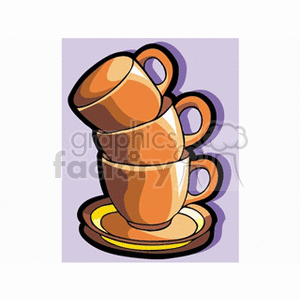 Clipart image of three stacked brown cups on a saucer with a purple background.