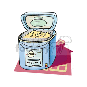 Clipart image of an open deep fryer with fries inside, set in a household kitchen.