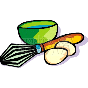 Clipart image of a green kitchen bowl, eggs, and a whisk beater.