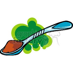 Clipart image of a spoon with coffee granules, set against a green abstract background.