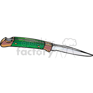 Clipart image of a closed folding knife with a green and gold handle.