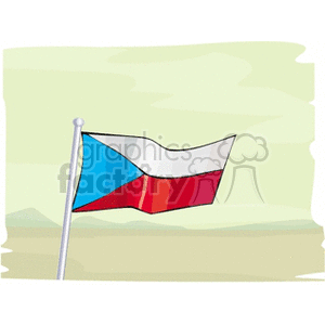 This is an illustrated image of the Czech flag flying on a flagpole. The flag consists of two horizontal bands of white and red with a blue triangle extending from the hoist side.