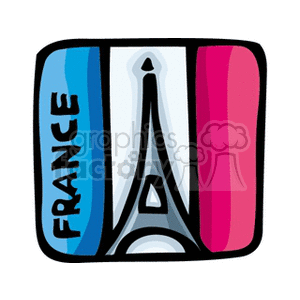 This clipart image depicts a stylized representation of the French flag, with vertical blue, white, and red stripes, which are the national colors of France. Superimposed on the flag is a black outline drawing of the iconic Eiffel Tower. Additionally, the word FRANCE is written in bold, block letters along the side of the flag.