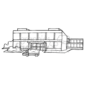 A black and white clipart image of a building with a small truck parked in front of it.