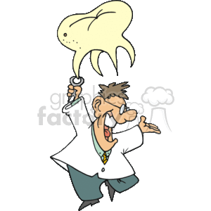 Cartoon dentist holding a huge tooth