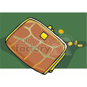 Clipart image of a brown wallet with a clasp, with coins spilling out onto a green background.