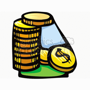 Clipart image of a stack of gold coins and a single coin with a dollar sign, representing money and wealth.