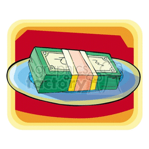 A stack of cash with a strap around it placed on a plate, illustrated in clipart style.