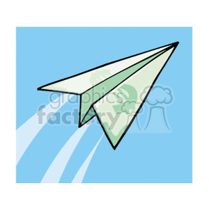 A clipart image of a paper airplane made from a dollar bill flying in the sky.