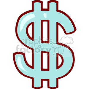 The image shows a blue dollar sign with a red outline on a white background.