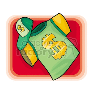 Clipart image of a green and yellow t-shirt and cap set, both featuring a large yellow dollar sign symbol on a red background.