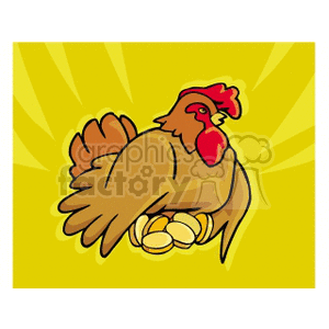 A colorful clipart image of a hen sitting on top of golden eggs with a bright yellow background.