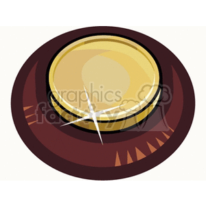 A clipart image of a shiny gold coin on a brown base.