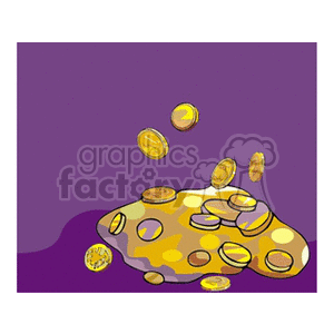 Clipart image depicting a pile of gold coins against a purple background with some coins falling from above.