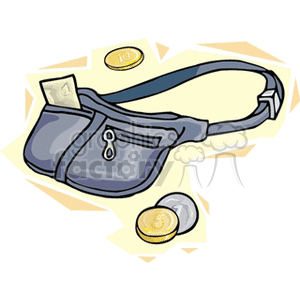 A clipart image of a fanny pack with coins scattered around it. The fanny pack has a small pocket and contains some folded paper currency.