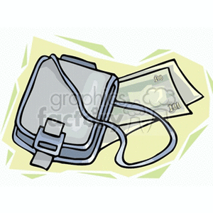 Clipart image of a gray purse with a strap and two 100 denomination banknotes sticking out.