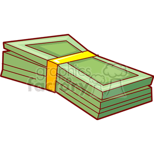 A clipart image depicting a stack of green dollar bills held together by a yellow band.