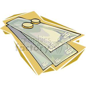 Clipart image of cash bills and coins representing money, finance, or savings.