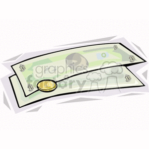 Clipart image featuring two paper currency bills with a coin.