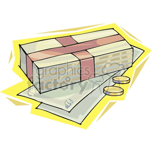 A clipart image depicting a stack of cash with a rubber band, a check, and two coins.