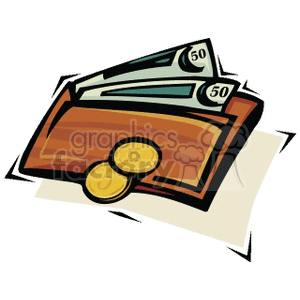 A clipart image of a brown wallet containing two bills labeled with '50' and two coins labeled with '5'.