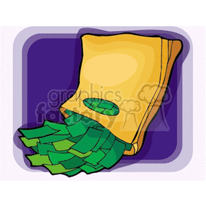This clipart image features a yellow bag spilling out green dollar bills. The background is a purple and blue gradient.