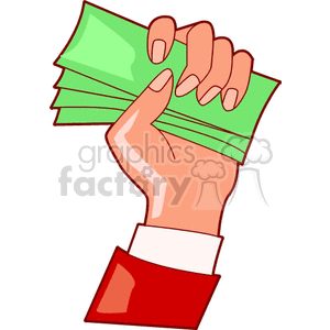 A clipart image of a hand holding a stack of green dollar bills. The hand is clenched around the money and the arm is wearing a red sleeve.