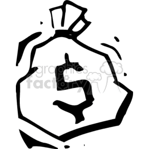 Black and white clipart image of a money bag with a dollar sign.