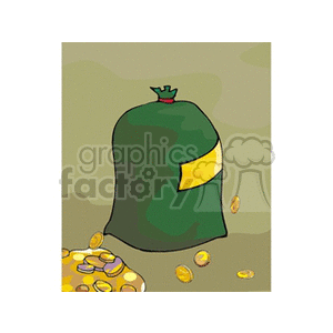 This clipart image shows a green bag with a yellow label and red tie, surrounded by gold coins.