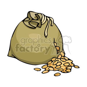 A clipart image of a brown sack filled with gold coins, with some spilling out.