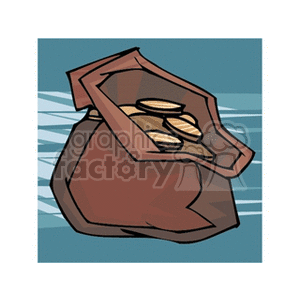 A clipart image of a brown bag filled with gold coins against a blue background.