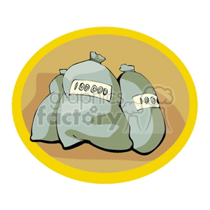 A clipart image of three money bags with labels displaying amounts, set against a yellow oval background.