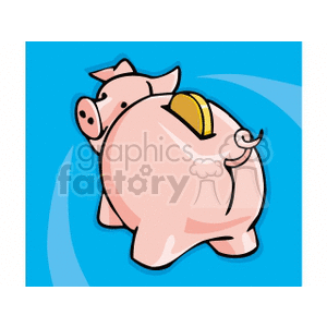 This clipart image features a pink piggy bank with a gold coin inserted on its back. The background is blue with subtle patterns.